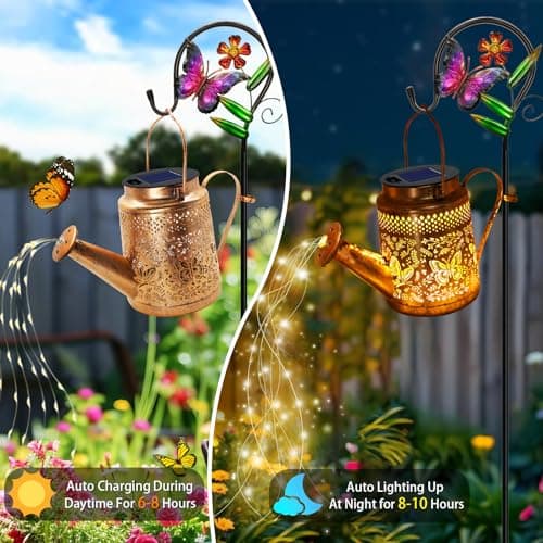 2 Pack Solar Powered Butterfly Watering Can Lights Waterproof Outdoor Decor with Shepherd Hook Hanging Patio Lights for Yard, Garden, Backyard Perfect Gardening Birthday Gift for Women, Mom, Grandma — view 5
