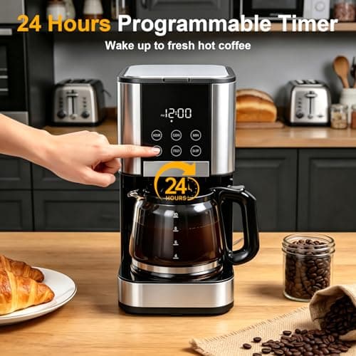 10 Cup Programmable Drip Coffee Maker, Adjustable Brew Strength, Pause & Serve, Heat Resistant Glass Carafe, Permanent Filter, Auto Shut Off, Stainless Steel, Compact Coffee Machine for Home Office — view 2