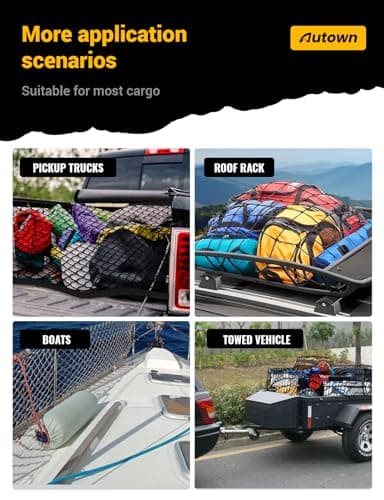 AUTOWN Cargo Net for Pickup Truck Bed - Stretchable 4'x4' to 7'x7', High Elastic Fine Mesh 1''x1'' with 8 Metal Carabiners - Ideal for ATV, SUV, UTV, Truck and Boat Use (Single Layer) — view 6