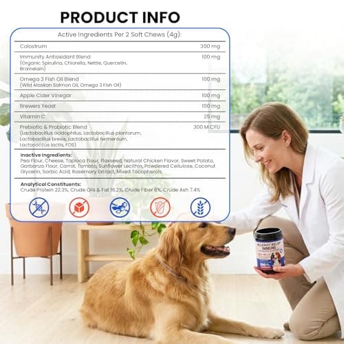 Dog Allergy Chews 200 Ct - Itch Relief for Dogs Immune Support with Colostrum Probiotics & Omega 3 - Seasonal Allergies Anti-Itch Skin & Coat Supplement, Itchy Skin & Paw Relief Bites - Chicken Flavor — view 4
