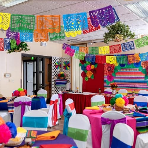 18 FT Cinco De Mayo Party Decorations, 1 Pack Fiesta Banner with 9 Plastic Papel Picado, Colorful Mexican Theme Party Flag Banner Dia De Los Muertos Day of the Dead Hanging Decor Home Party Supplies — view 3