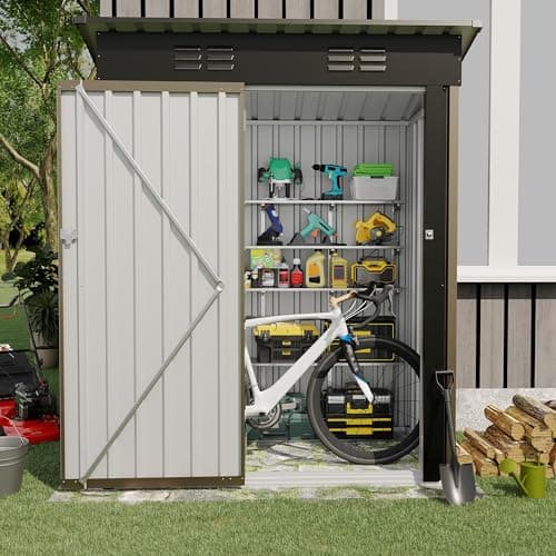5×3 ft Outdoor Storage Shed, 67 CU.ft Metal Tool Shed with Sloping Roof and Lockable Door, Compact Garden Shed for Backyard, Patio and Lawn Organization, Brown — view 5