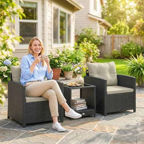 Outsunny 3 Piece Wicker Patio Furniture Set, PE Rattan Outdoor Bistro Set with Armchairs, 2-Tier Glass-Top Table, Cushions, Outdoor Conversation Furniture for Porch Balcony, Beige — view 8