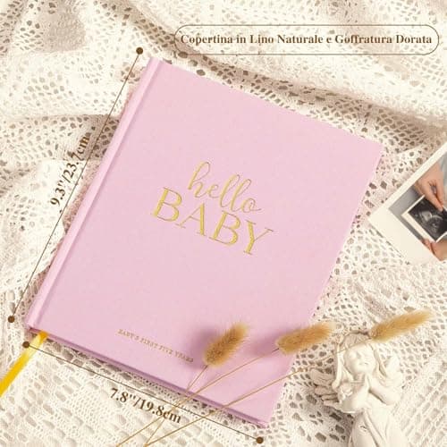 Lanpn Hello Baby First 5 Year Memory Book for Boy Girl - Linen Hardcover Baby Book Keepsake for New Parents - Newborn Baby Journal Scrapbook Photo Album Baby Milestone Book (Pink, 154 Pages)