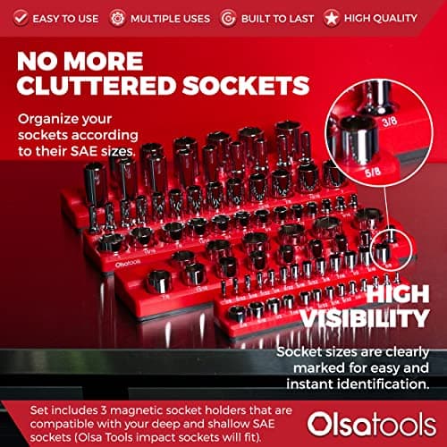 Olsa Tools Magnetic Socket Organizer - 3 Piece Socket Holder Kit - 1/2-Inch - 3/8-Inch - 1/4-Inch Drive - SAE - Red - Holds 68 Sockets - Professional-Grade Tool Organizer - Part: 1150