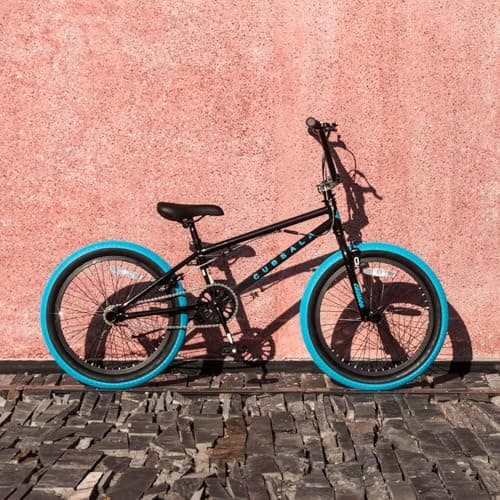 cubsala Freestyle BMX Bike, 20 Inch Kids Bicycle with 4 Pegs, Dual Hand Brake and Gyro for 6 7 8 9 10 11 12 13 14 Years Old Kids and Beginner Level Rider, Black with Blue Tires — view 3