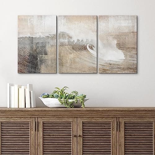 wall26 Canvas Print Wall Art Set Gray & Tan Color Block Ocean Wave Overlay Nature Wilderness Digital Art Modern Art Rustic Scenic Colorful for Living Room, Bedroom, Office - 24"x36"x3 Panels — view 3