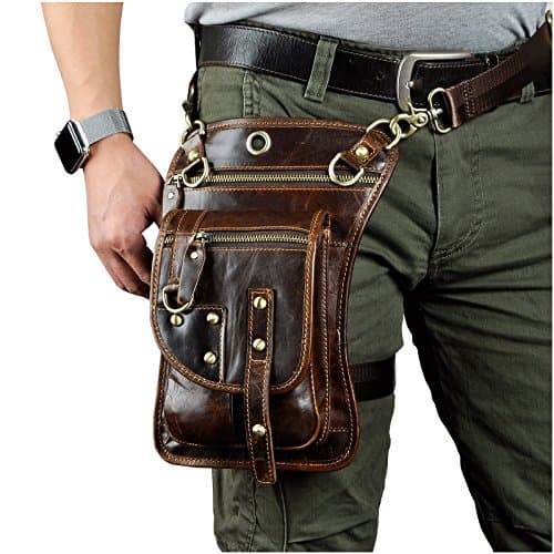 Le'aokuu Mens Genuine Leather Messenger Hiking Waist Hip Bum Pack Drop Thigh Leg Bag 2141 (2141-Coffee)