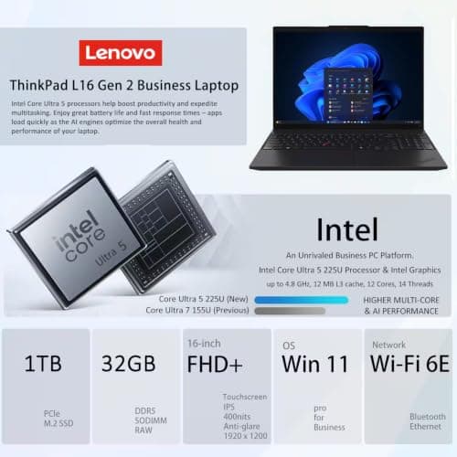 Lenovo ThinkPad L16 (Premium E16) AI Business Laptop (16" FHD+ Touchscreen, Intel 12-Core Ultra 5 225U (> Ultra 7 155U), 32GB DDR5, 1TB SSD), Backlit, Fingerprint, Thunderbolt 4, IR Webcam, Win 11 Pro