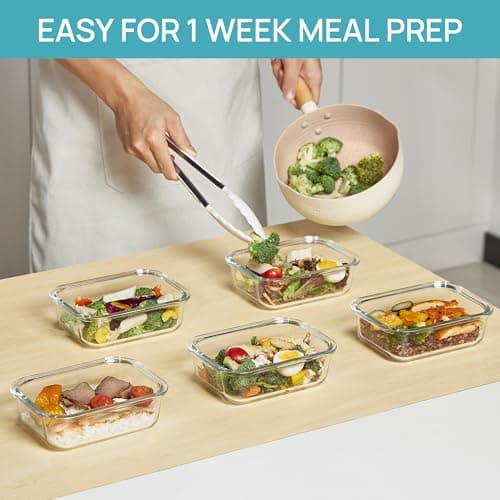Vtopmart 5Pack 22oz Glass Storage Containers with Lids, Glass Meal Prep Food Container Sets with Snap Airtight Lid for Microwave, Oven, Freezer and Dishwasher, Blue — view 3