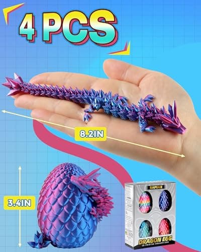 Rapean 8" 3D Printed Dragon Eggs, Easter Basket Stuffers for Kids and Teens, Unique Easter Toys & Decor for Children, Mysterious Dragon Toys Gifts for Boys & Girls (4 Pack)