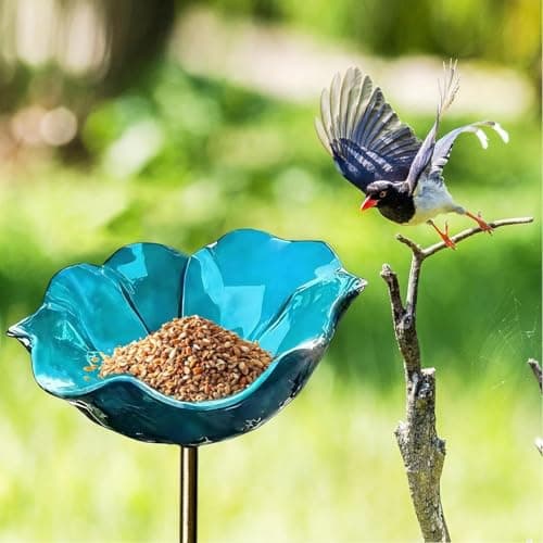 Handmade Metal Flower Garden Stake with Bee Bath & Bird Water Bowl – Decorative Outdoor Yard Art, Watering Station, Weather-Resistant Garden Decor (Blue,1Pcs) — view 2