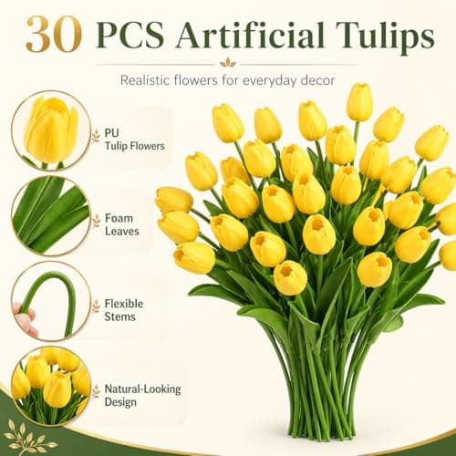 MACTING Yellow Artificial Tulip Flowers - 13.7" 30PCS Real Touch Fake PU Tulips Bouquet Faux Flowers for Floral Arrangements Table Centerpieces Kitchen Indoor Home Mothers Day Decorations — view 3