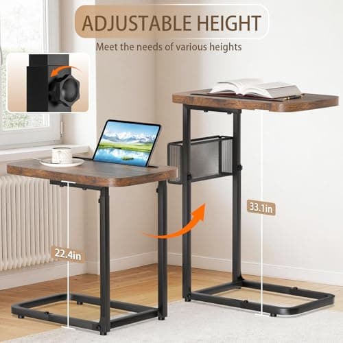 C Table End Table Adjustable Height,TV Tray Table with Storage Baskets,Strong Metal Frame,Tall C Shaped Side Table for TV Watching, Meals, Snacks or Small Space (Rustic Brown, 16.93inch x 12.6inch)