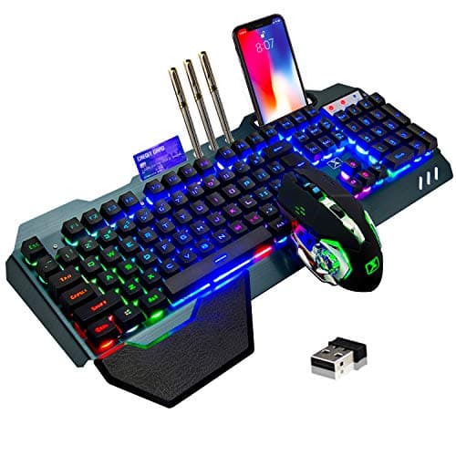 Wireless gaming Keyboard and Mouse,Rainbow Backlit Rechargeable Keyboard Mouse with 3800mAh Battery Metal Panel,Removable Hand Rest Mechanical Feel Keyboard and 7 Color Gaming Mute Mouse for PC Gamers