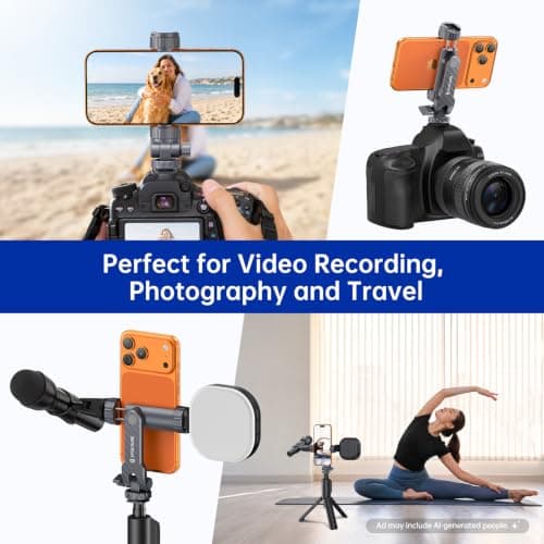 SYNCWIRE Tripod Phone Mount, Universal Smartphone Mount Adapter with 2 Cold Shoe and 1/4" Screw, 360° Rotates and 180° Tilts Adjustable Cell Phone Clamp Holder for Enhancing Mobile Photography Setup — view 5