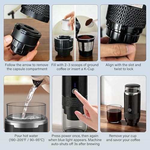 Aromilo Portable Travel Coffee Maker, 3-in-1 Camping Coffee Machine with USB-C for Travel Car,Cordless Battery Powered,Rechargable,Compatible with Ground Coffee,Capsules,Tea, 6OZ Cup,Black,170ml — view 6