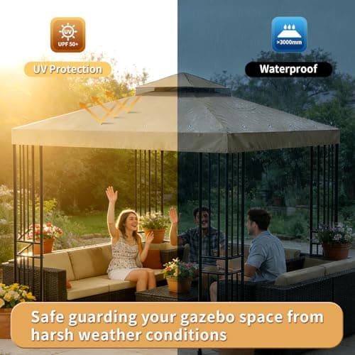 Gazebo 10'x10'Ft Canopy Replacement Top Cover,Waterproof UV50+ Patio Sun Shade Canvas with Two Tier Ventilated and Windproof Straps for Outdoor Backyard Garden(Only Top Cover，Khaki) — view 5