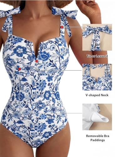 Aleumdr Women Tummy Control Swimsuit Retro One Piece Bathing Suit V Neck Boho Tie Shoulder Print Floral Swimwear Padded Push Up Swim Suit Blue X-Large — view 4