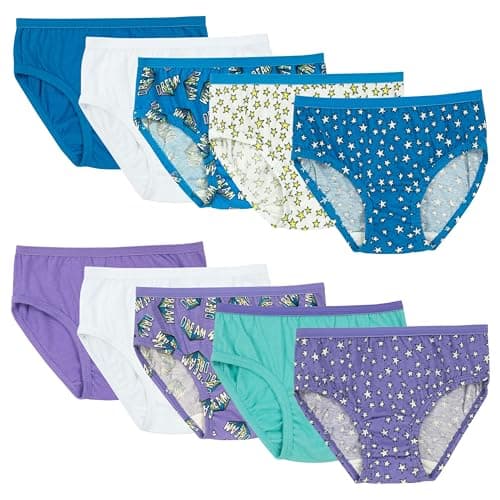 Fruit of the Loom Girls' Tag Free Cotton Brief Underwear Multipacks, Low Rise Brief-10 Pack-Purple/Blue/White, 6
