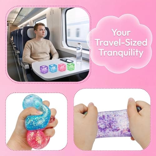 Glitter Ice Cube Squishy Fidget Toys, Squishy Cube Stress Balls for Adults & Kids, Slow Rising Stress Relief Toys, Squeeze Ball Filled with Thick Substance and Glitter (Blue) — view 5