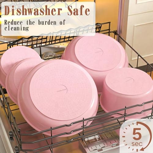 Umite Chef Pots and Pans Set Non Stick, 21 pcs Nonstick Ceramic Cookware Set, RV Kitchen Cooking Set with Detachable Handles, Oven Safe, Induction Cookware, Stackable, Pink, PFAS PFOA & PTFE Free — view 5