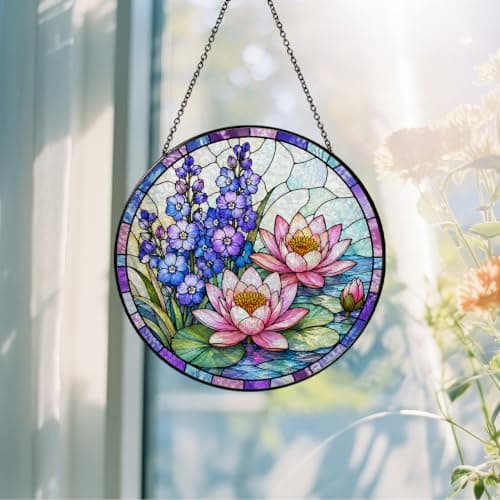 July Birth Flower Stained Glass Suncatcher Window Hanging, Pink Water Lily Sun Catcher for Indoor Window, Birthday Gift for Women Mom Daughter, Floral Glass Decor, 7.87 Inch — view 3