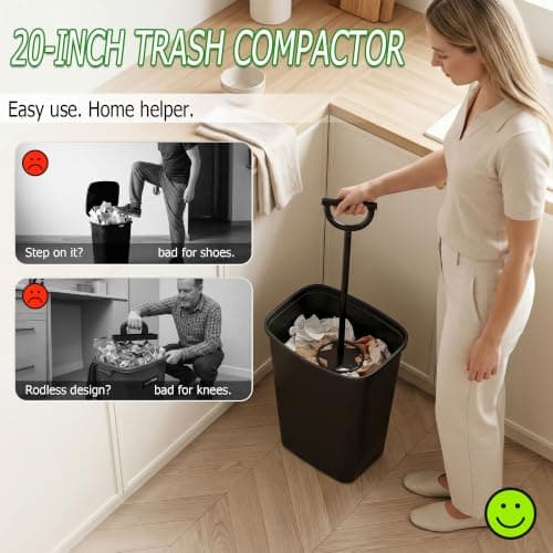 Trash Compactor for Kitchen - 20" All-Metal Manual Garbage Compactor, No Electric Trash Can Compacting Tool, Touchless Waste Smasher & Tamper Press Compressor, Saves Space for Home & Outdoor Bins — view 2