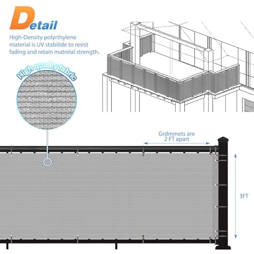 TANG 3' x 12' Balcony Privacy Screen Fence for Apartment Deck Railing, 200GSM Heavy Duty Block Outdoor Privacy Fencing Cover for Patio Porch Backyard Screens, Gray — view 2