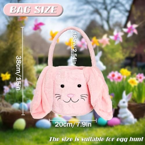 Easter Bunny Basket for Kids, Fluffy Easter Egg Hunt Bag Soft Fabric, Cute Rabbit Tote Bags with Long Plush Ear Easter Tote Bags for Candy Gifts Storage (Pink) — view 2