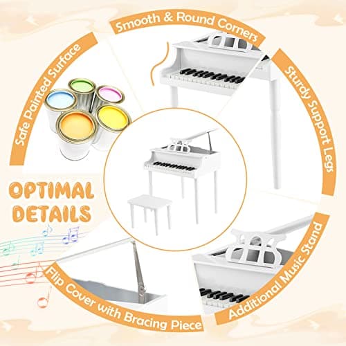 Goplus 30-Key Classical Kids Piano, Mini Grand Piano Wooden Learn-to-Play Musical Instrument Toy with Bench, Piano Lid, Music Rack, Gift for Boys Girls Aged 2+ Baby Toddler(4 Straight Leg-White) — view 3