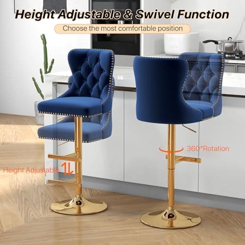 GOOLON Bar Stools Set of 2, Velvet Swivel Counter Height Stools with Tufted Back, Adjustable Seat with Nailheads Trim, Upholstered Bar Chairs with Gold Base for Kitchen Island, Pub, Blue — view 7