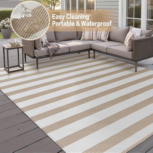 PureCozy Outdoor Waterproof Patio Rug 6x9 Plastic Straw Reversible Lightweight Outside Beige Stripe Large Carpet Outdoor for Camping RV Porch Deck Balcony Beach — view 2
