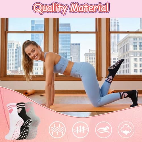 scenicamp 3 Pairs Cute Pilates Socks for Women, Non Slip, Black White Gray — view 5