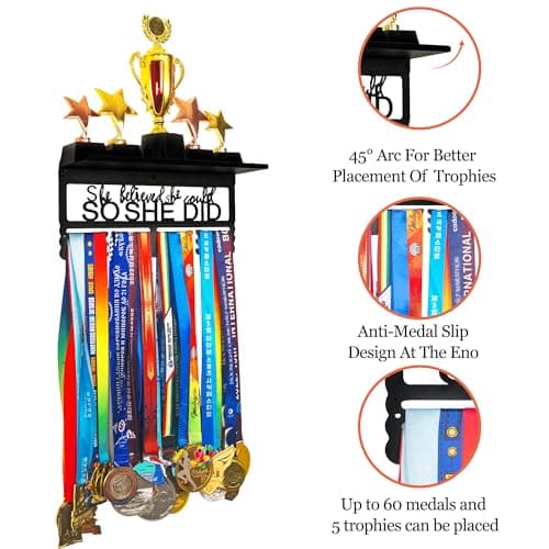 Goutoports Personalized Medal Hanger Display Trophy Shelf - Sports Medal Display Rack with Wooden -Custom Text Color and Images for Athletes - 4ROW - AA-Mixed Patterns — view 4