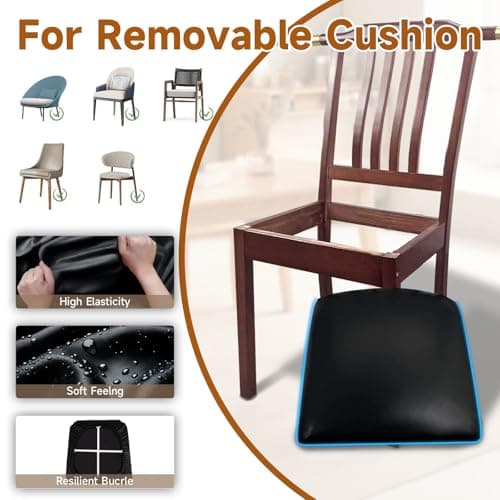 Waterproof Seat Covers for Dining Chairs Soft PU Leather Dining Chair Seat Covers Set of 4, Durable and Wipeable Kitchen Chair Slipcover Protector with Elastic Band for Dining Room (Black, 4Pcs) — view 4