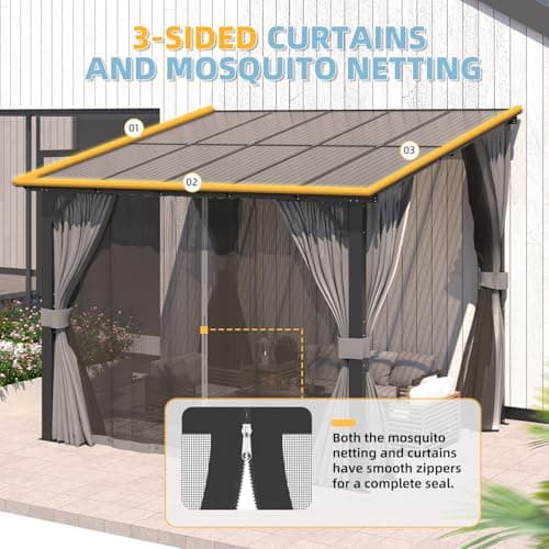 U-MAX 10’ x 10’ Gazebo, Wall Mounted Gazebos Pergola with Curtains and Mosquito Netting, Enhanced Protective Outdoor Patio Lean to Gazebo Awnings for Deck, Porch, Backyard and Outside — view 6