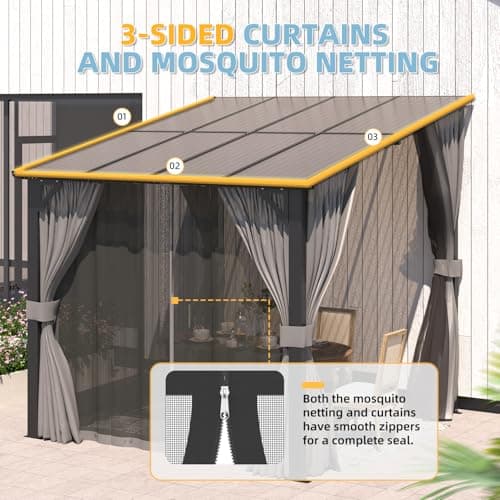 U-MAX 8' X 8' Gazebo for Patio, Small Wall-Mounted Lean to Pergola 8x8 Gazebo with Curtains and Netting, Hard Top Gazebos on Clearance for Lawn Backyard Garden Deck