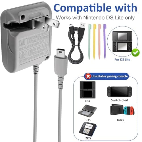 DS Lite Charger, DS Lite AC Power Adapter Kit for Nintendo DS Lite,100-240V Portable Travel Wall Charger with Foldable Plug Charging Cable & 4 Stylus Pens