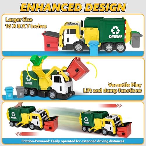 JOYIN Large Friction Powered Garbage Truck Toy Set, Includes Dumpster, Trash Bins, and Learning Cards for Kids, Boy Toys Birthday Gift for 2 3 4 Years Old Boys Girls Kids Toddler Gift of Easter Basket — view 2