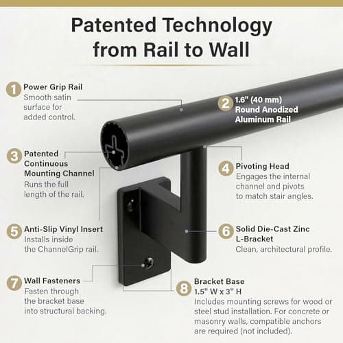 Promenaid Black 4ft Flush Handrail Kit - Complete Indoor/Outdoor Stair Handrail - Modern 1.6" Round Satin-Anodized Aluminum Railing with 2 Satin Black Painted Pivoting Wall Brackets & Flush Endcaps — view 3