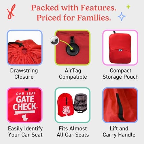 J.L. Childress Gate Check Travel Bag for Car Seats - Car Seat Travel Bag for Airplane, Fits All Baby & Infant Carriers, Airport Accessories for Gate Check, Flying Essentials, AirTag Compatible - Red — view 6