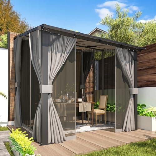 U-MAX 8' X 8' Gazebo for Patio, Small Wall-Mounted Lean to Pergola 8x8 Gazebo with Curtains and Netting, Hard Top Gazebos on Clearance for Lawn Backyard Garden Deck — view 5