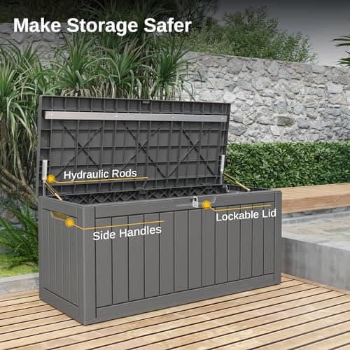 EAST OAK Outdoor Storage Box, 90 Gallon Deck Box Indoor and Outdoor Use, Waterproof Resin Storage Bin for Patio Cushions, Gardening Tools, Lockable, UV Resistant, Grey — view 5