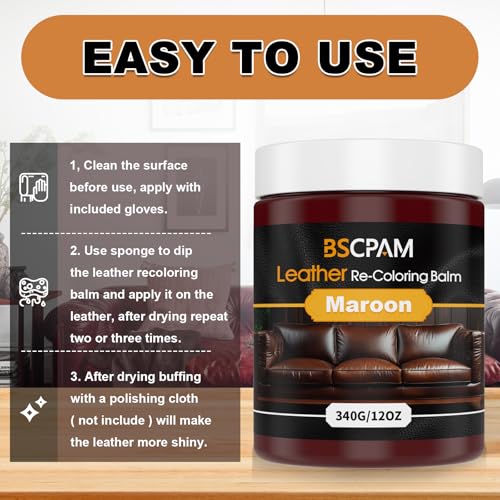 BSCPAM Leather Recoloring Balm 12oz | Leather Repair Kit for Furniture, Leather Color Restorer for Couches | Leather Dye | Repair, Restore & Renew Old, Faded Leather - Maroon — view 4