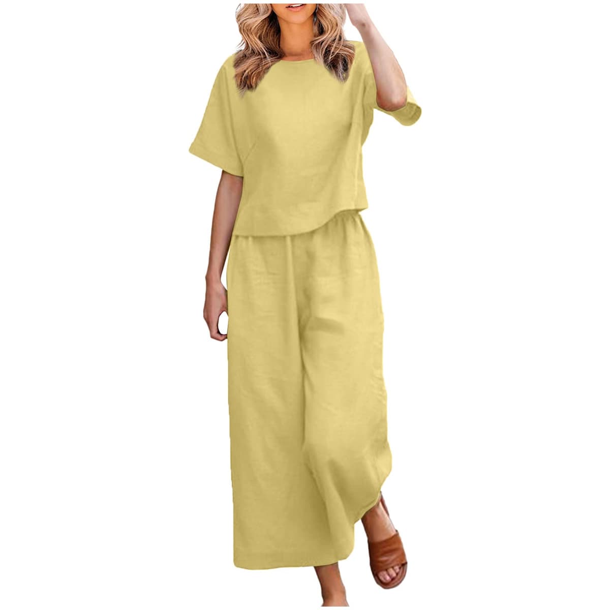 Womens 2 Piece Outfits Summer Linen Sets Short Sleeve V Neck Cropped Top Wide Leg Capris Pants Beach Lounge Sets — view 12
