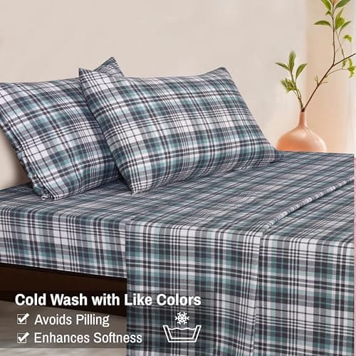 RUVANTI Flannel Sheets Queen Size - 100% Cotton Double Brushed Bed Sheets, Deep Pockets 16 Inches Queen Sheet Set, All Seasons Breathable & Extra Soft - Warm & Cozy, 4 Piece, Mint Grey — view 5