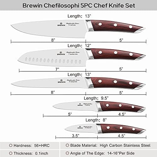 Brewin CHEFILOSOPHI Japanese Chef Knife Set 5 PCS with Elegant Red Pakkawood Handle Ergonomic Design,Professional Ultra Sharp Kitchen Knives for Cooking High Carbon Stainless Steel — view 4