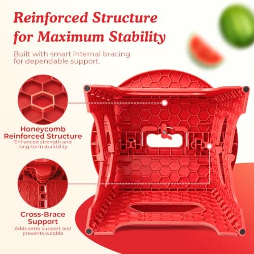 ACSTEP 9 Inch Folding Step Stool for Kids, Sturdy Collapsible Step Stool Foldable Up to 300 lbs for Toddlers, Non Slip Foot Stools with Handle for Kitchen, Bathroom, Bedroom, Outdoor, Watermelon Red — view 2
