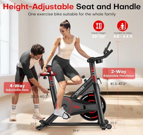 CHAOKE Exercise Bike, Quiet Adjustable Magnetic Stationary Bike for Home Cardio with App Compatible, 350LB Weight Capacity Indoor Cycling Bike with Large Seat, Dumbbell Rack, Pull Cords & LCD Display — view 5